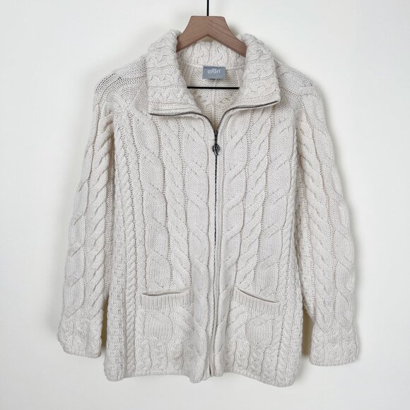 Aran Woollen Mills 100% Merino Wool Cable Knit Long Cardigan Sweater Jacket Coat - Picture 4 of 12